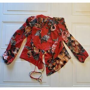 Jayvee Red Floral Ruffle Neck Waist Tie Chiffon Wrap Style Shirt, Sz L